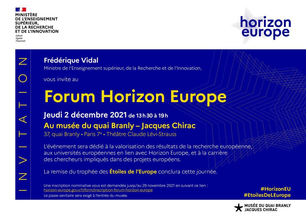 Fond bleu avec texte en jaune : Forum Horizon Europe - jeudi 2 décembre 2021 de 13h30 à 19h u musée du Quai Branly - Jacques Chirac