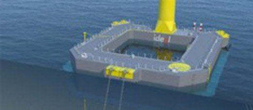 vue 3D : La fondation flottante de Floatgen, en béton armé précontraint de 36 mètres de côté, 10 mètres de hauteur et 7 mètres de tirant d’eau : une vraie rupture technologique.