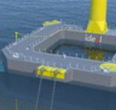 vue 3D : La fondation flottante de Floatgen, en béton armé précontraint de 36 mètres de côté, 10 mètres de hauteur et 7 mètres de tirant d’eau : une vraie rupture technologique.