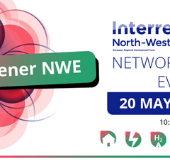 Une fleur dans les tons rouge rosé est à gauche de l'image avec le texte "Greener NWE". A droite, le logo du programme Interreg du Nord-Ouest suivi de "Networking events 20 May 2021" de 10h à 12h. En dessous, des pictogrammes : une maison, un éclair, une route, une éolienne, une goutte d'eau.